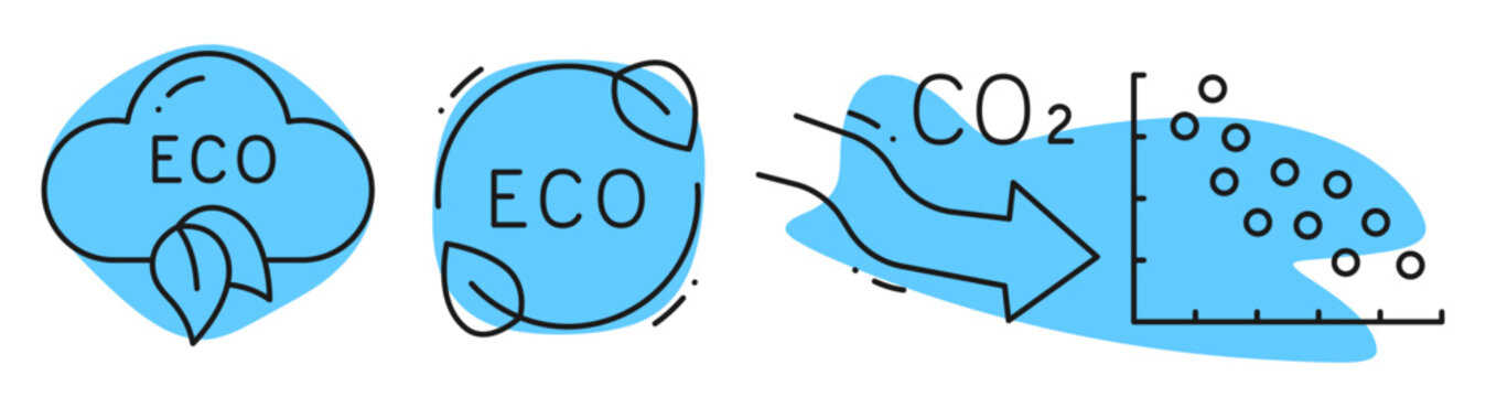 Eco and co2 icons indicating reduction and environmental data. Editable stroke