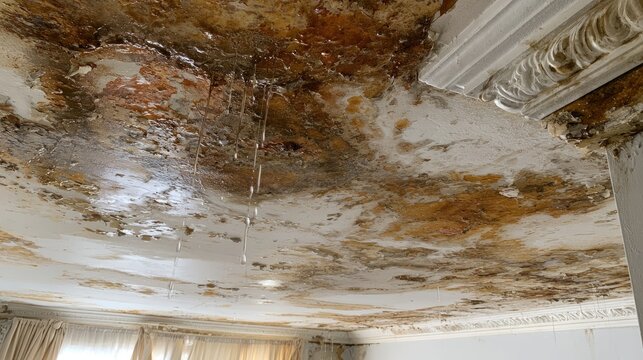 Water damage stains and drips marring a decorative ceiling and wall