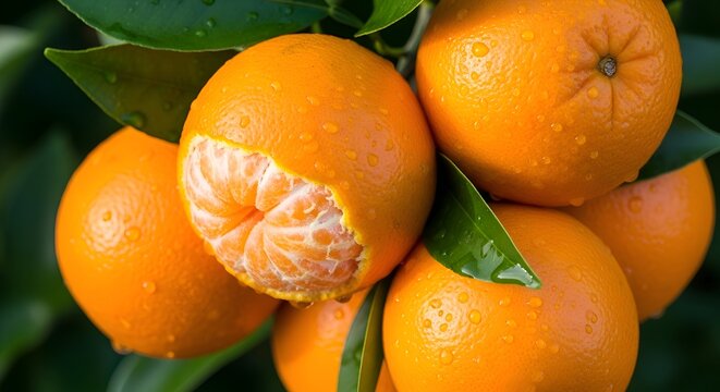 Fresh Tangerines on Branch with Green Leaves - Citrus Fruit Photo