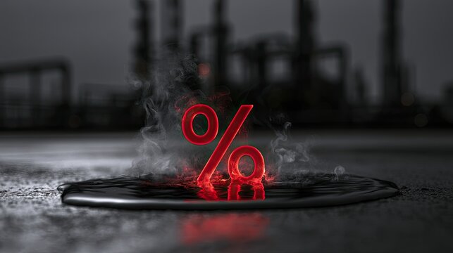 Fiery, glowing percent sign emerges from dark puddle amidst industrial haze