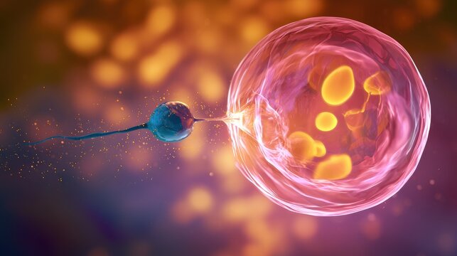 Microscopic view of a sperm cell fertilizing an ovum with glowing bokeh background