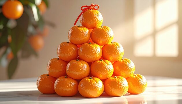 A Perfectly Stacked Pyramid of Fresh Tangerines with a Decorative Red Ribbon
