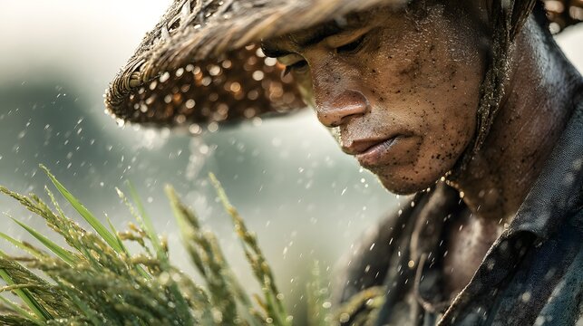 Determined Farmer Harvesting Rice Under Rainy Conditions