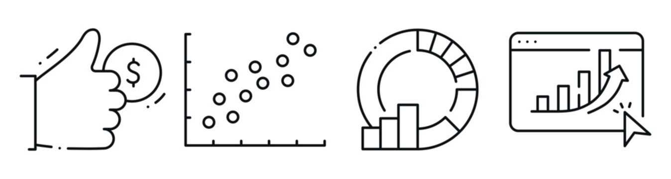 Analytics icons showing financial charts and data on white. Editable stroke