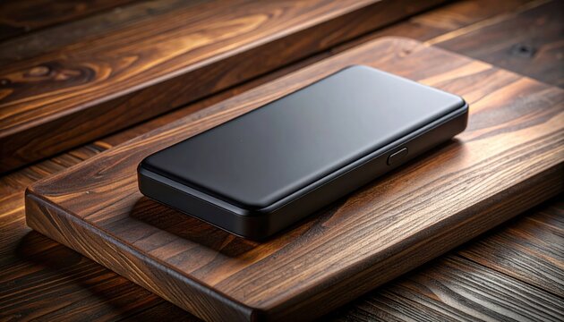 A sleek black rectangular handheld electronic device resting on a textured wooden surface, highlighting its modern design and portability.