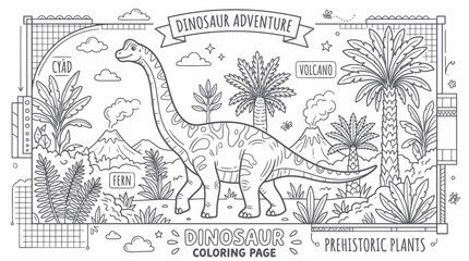 Dinosaur Adventure Coloring Page: Brontosaurus, Volcanoes, Prehistoric Plants © khimsa
