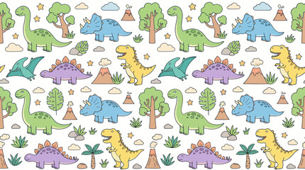 Cute Dinosaur Pattern: Kawaii Cartoon Rex, Triceratops, Brontosaurus, Stegosaurus © khimsa