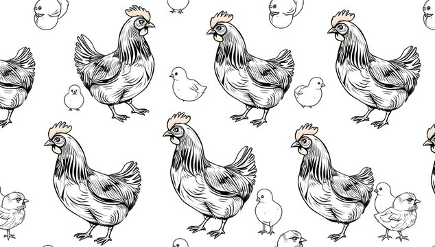 Seamless pattern of hens and chicks on a white background, organic farm poultry wrapping fabric textile print tile backdrop layout