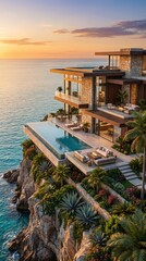 Fototapeta premium Luxury Cliffside Villa Overlooking the Ocean at Sunset