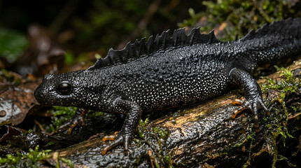 Fototapeta premium Black Salamander with Bright Orange Belly on Wet Forest Floor Macro Wildlife Photography