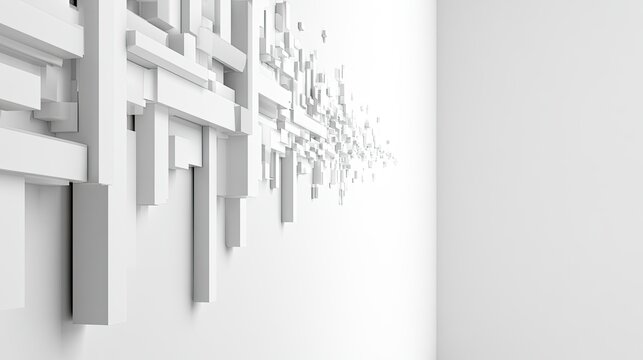 White geometric blocks cascade from wall, creating digital abstract art