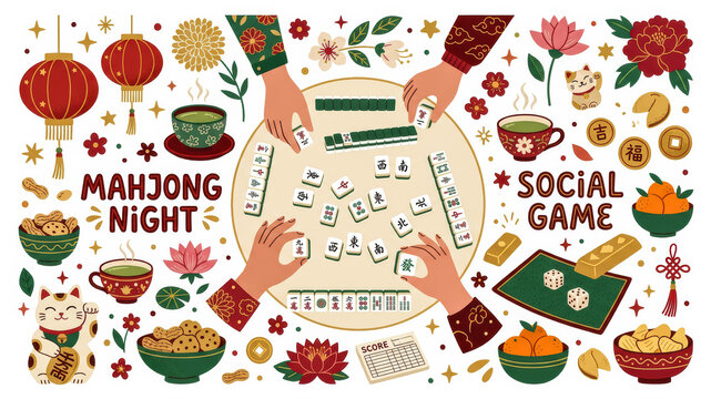 Flat vector illustration of a Mahjong night social board game with hands playing tiles, green tea, lucky cats, lanterns, and Asian cultural decor.