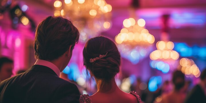 Rear view of an elegant couple standing in a luxurious ballroom with sparkling bokeh chandeliers and pink ambient lighting, concept for wedding celebrations, luxury event planning and gala evenings