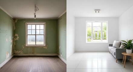 Fototapeta premium Renovation Progress: Old Room to Modern Living Space
