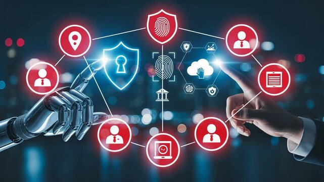 Robot and human hand interact with digital security and cloud icons