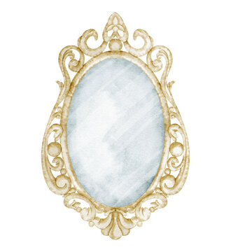 Mirror in ornate wrought frame watercolor illustration. Vintage oval elements with baroque details in Victorian style for wedding invitations, nostalgic greeting cards. Isolated forget border.