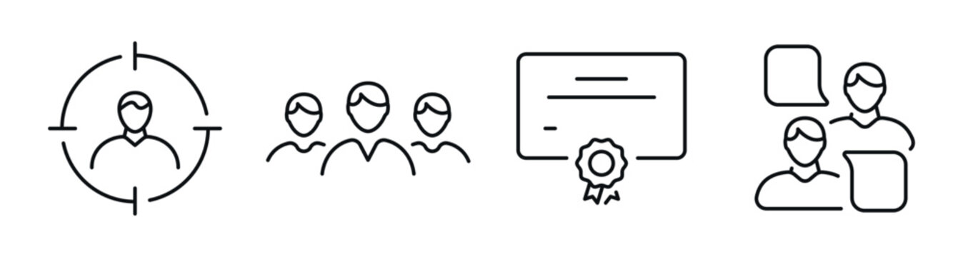 User profile and group icons showing certificate and chat on white. Editable stroke