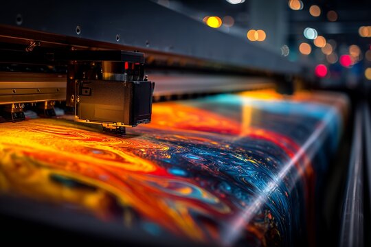 Large format inkjet printer head printing vibrant colorful abstract pattern in industrial facility, concept for textile manufacturing, digital printing service and advertising production