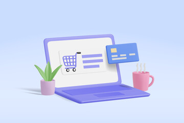 3d vector digital marketing concept of online shopping on laptop screen with shopping cart interface system credit card payment plant pot and hot coffee cup isolated on pastel background © Khomkrid