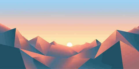 Geometric low poly landscape with golden sunrise over mountain peaks mountain landscape geometric abstract triangle background minimalist atmosphere creativity gradient illustration © Romana