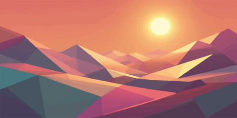 Warm sunset over a digital low poly abstract mountain terrain with mountain landscape geometric abstract background triangle atmosphere creativity gradient illustration minimalist modernist © Romana