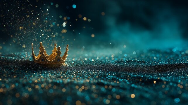 Golden royal crown on shimmering blue glitter sand with magical bokeh sparkles, concept for luxury branding, kingdom storytelling and success celebration