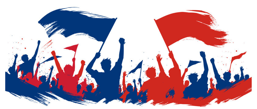 Dynamic soccer stadium crowd background with flag waving fans and grunge brush texture for match poster vector