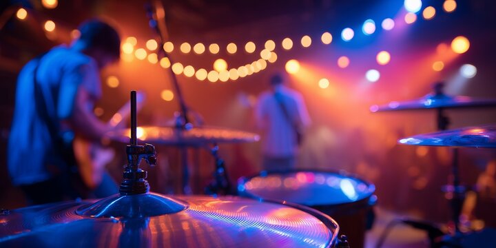 Close up of drum kit and cymbals on stage with blurred band performing under colorful bokeh lights, concept for live music promotion, nightlife entertainment and concert event advertising