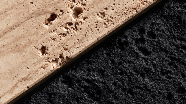 Gros plan de deux textures s&eacute;par&eacute;es en diagonale : une moiti&eacute; en pierre de travertin beige et l'autre en roche volcanique noire. Contraste min&eacute;ral brut et g&eacute;om&eacute;trique