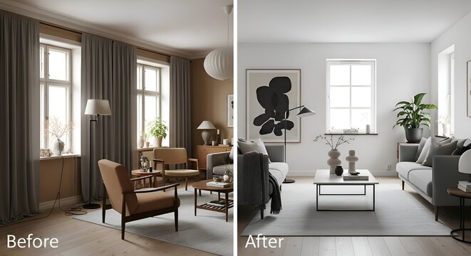 Modern living room transformation, before and after interior design