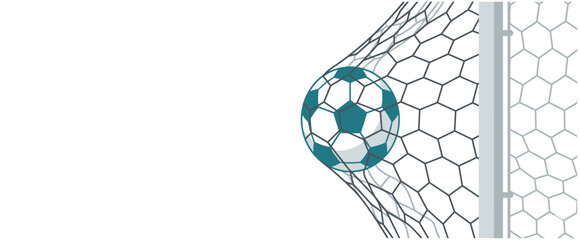 Soccer ball hitting goal net in flat minimalist style, modern football championship horizontal banner for sports campaign promotion © JIm Studio