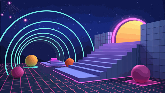 Retro 80s synthwave landscape with glowing neon arches, geometric stairs, and floating spheres