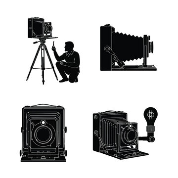 Vintage Large Format Camera Silhouette Collection with Photographer on Tripod and Antique Bellows Equipment