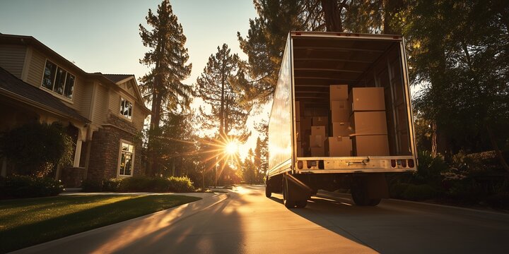 Large white moving truck loaded with cardboard boxes parked on a suburban street at sunset in front of a house, concept for residential relocation, logistics service and property moving
