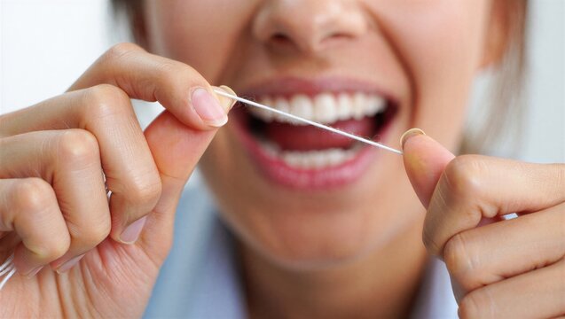 A woman is smiling while using dental floss to clean her teeth, promoting good oral hygiene. Healthy teeth and gums.