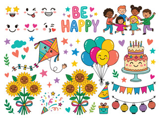 Naklejka premium Kawaii birthday party vector set, cute cartoon celebration elements with happy children and cake, colorful hand drawn doodle clip art for kids