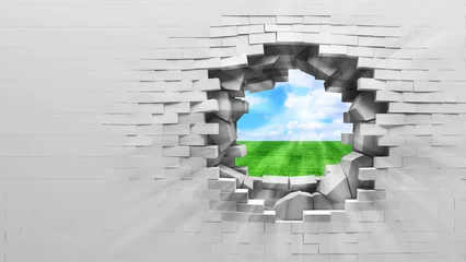 Fotobehang Abstract broken wall revealing nature scene brick hole  © Creative Pixy