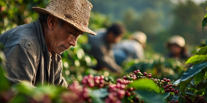 Senior farmer in straw hat picking ripe red coffee berries on a lush plantation field, concept for organic agriculture promotion, fair trade production and specialty coffee marketing