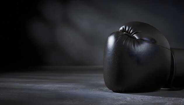 Guante de boxeo negro profesional sobre fondo industrial oscuro