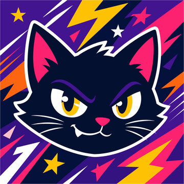Black cat character mascot with comic book style lightning background