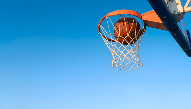 Pelota de b&aacute;squetbol entrando en el aro con cielo azul de fondo