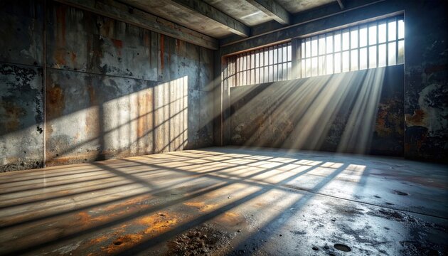 Sunlight Streaming Through Grimy Industrial Warehouse Windows Casting Long Shadows on Concrete Floor and Walls