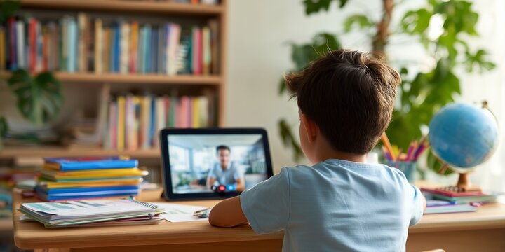Young boy back view studying with tablet during video call in room with bookshelf and globe, concept for online learning, remote education and digital classroom