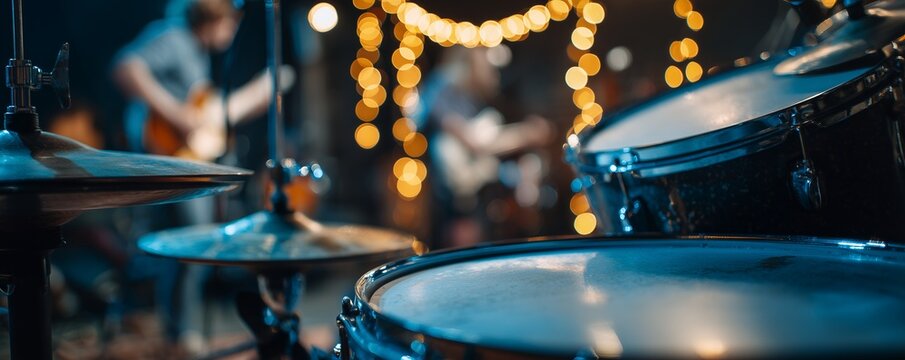 Professional drum kit on stage with blurred band musicians and bokeh lights background, concept for music concert promotion, live performance event and entertainment industry branding