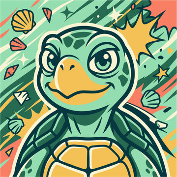 Cute sea turtle mascot character comic book style vector illustration