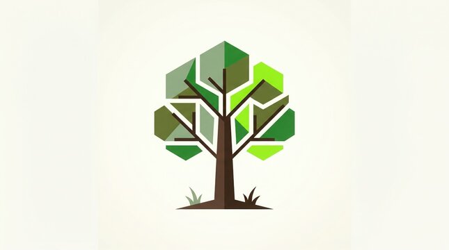 Modern geometric tree icon featuring a polygonal canopy in shades of green and a sturdy brown trunk, symbolizing nature, growth, and eco-friendly sustainability