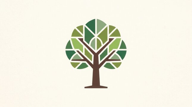 Stylized geometric tree logo design in vibrant greens and browns, embodying concepts of growth, nature's sustainability, and organic development with a modern aesthetic