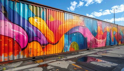Vibrant multi-colored graffiti art adorning a corrugated metal shipping container outdoors with reflections