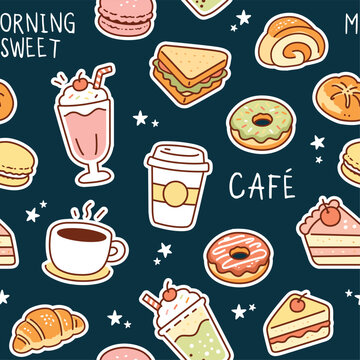 Seamless pattern with cute shop food and drink stickers