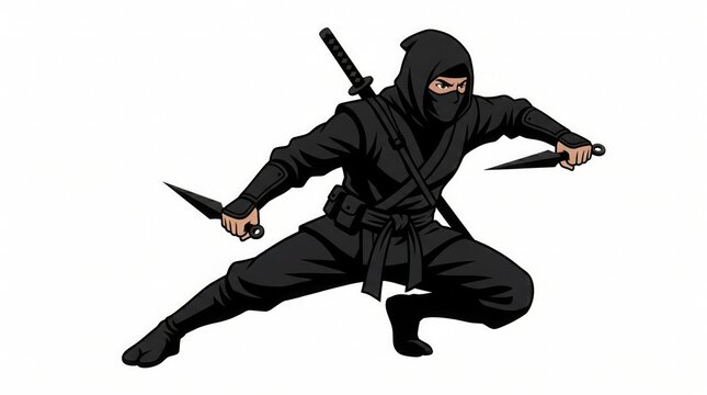 Dynamic illustration of a stealthy martial artist in an agile stance, embodying the concept of silent prowess and ancient warrior techniques, ready for combat and strategic action
